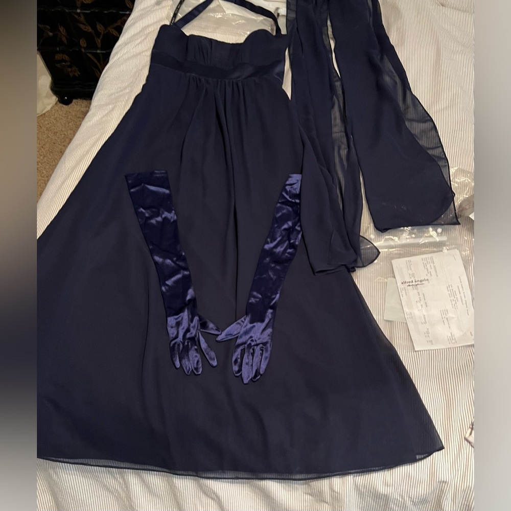 Alfred Angelo Bridesmaid navy blue dress with scarf and full length gloves.